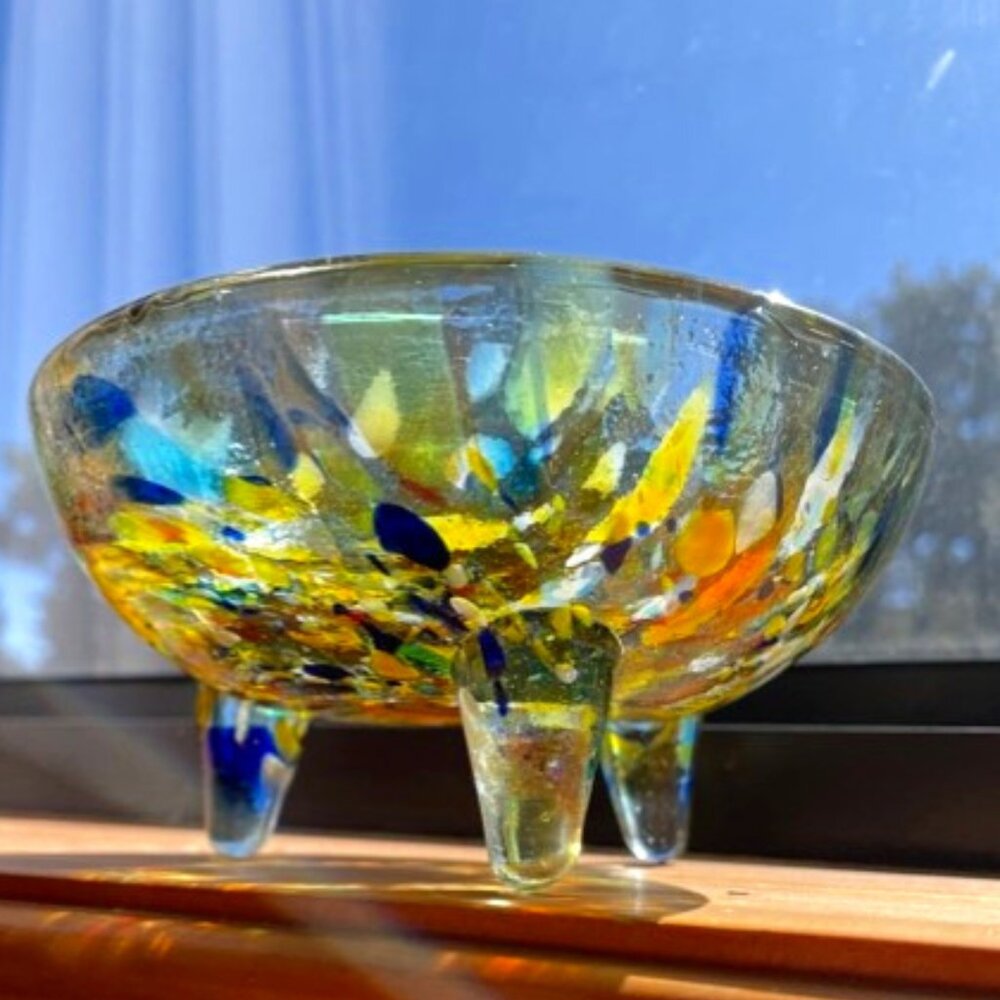 Beautiful! Art Glass Footed Bowl - Multicolor Fused Glass (NOWT)